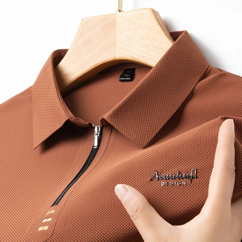 High End Summer Embroidered Ice Silk Zippered polo shirt Trend Casual Seamless Breathable Lapel Mens Clothing 250225