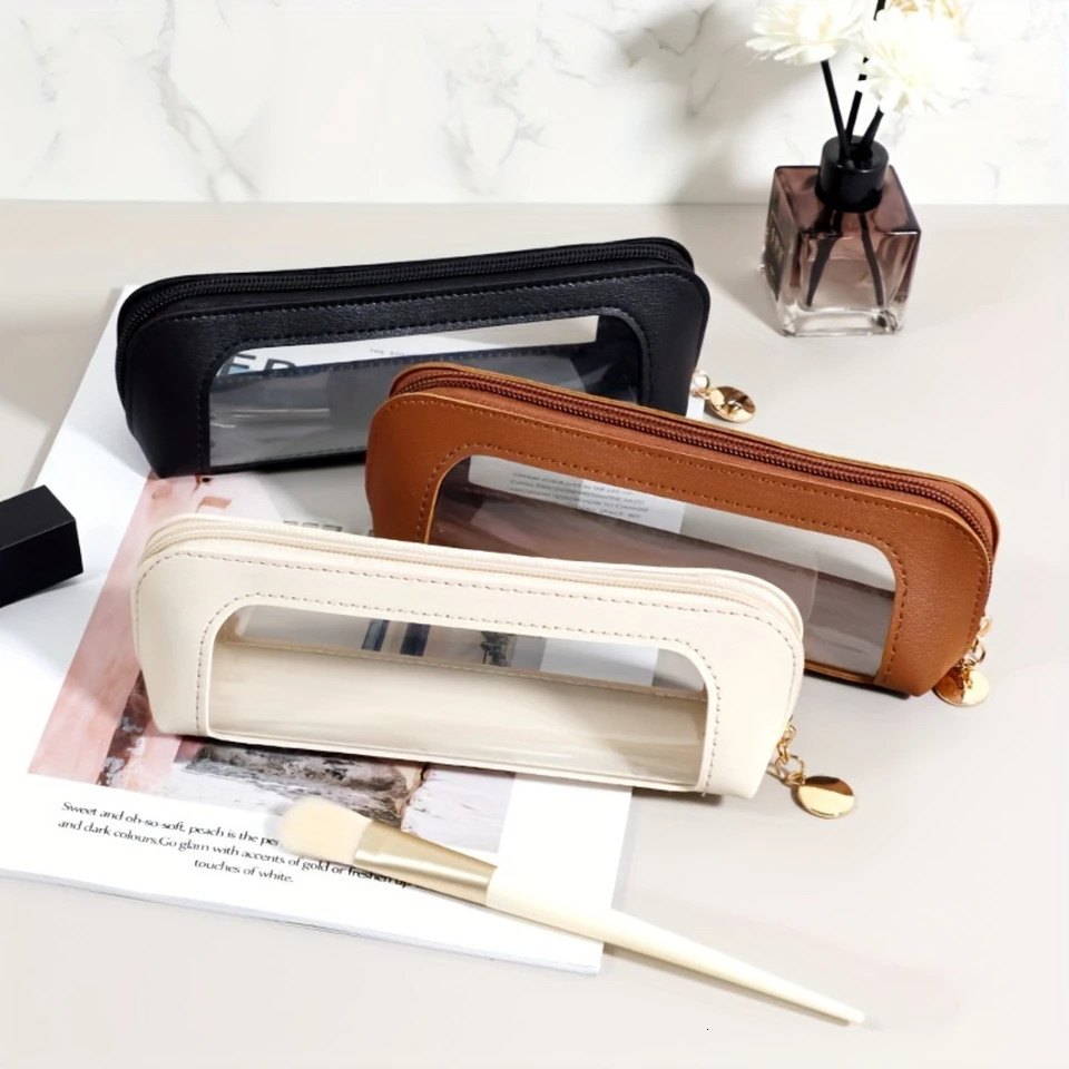 Ship from US Portable Makeup Pouch Cosmetic Pen Lipstick Bag Travel Brush Organizer Pursesized With Transparent Window Zipper Closure 250227FBB