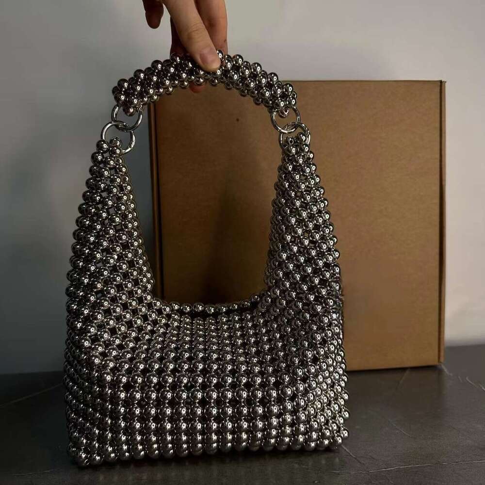 Women's Bags A niche design French heavy industry silver minimalist high-end handbag with beaded woven dinner bag