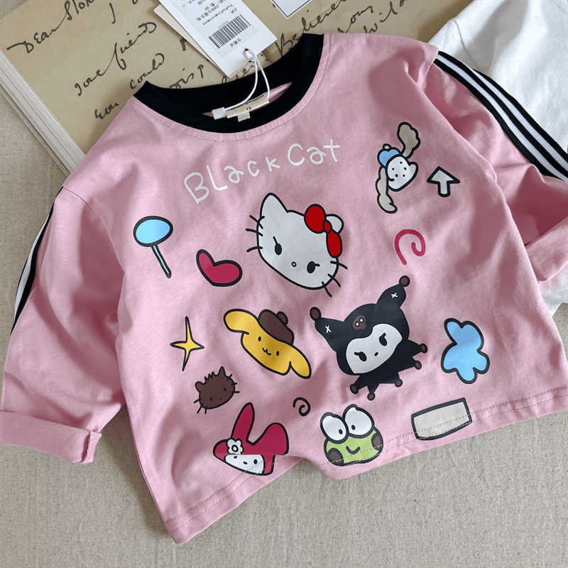 T-shirts Childrens T-shirt 2025 autumn new item for boys and girls ins cotton long sleeved T baby HELLO cat loose long sleeved base shirtY250227X9HI
