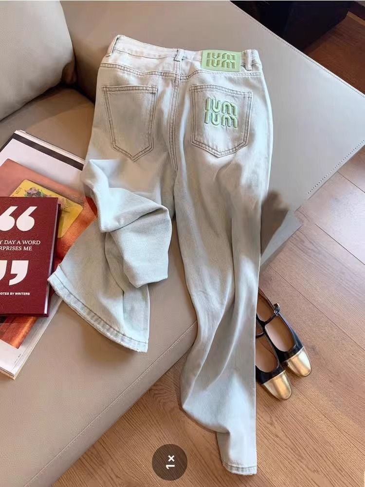 Blue retro fashion street high waist wide leg women's pants letters loose casual jeans size S_XL Free shipping