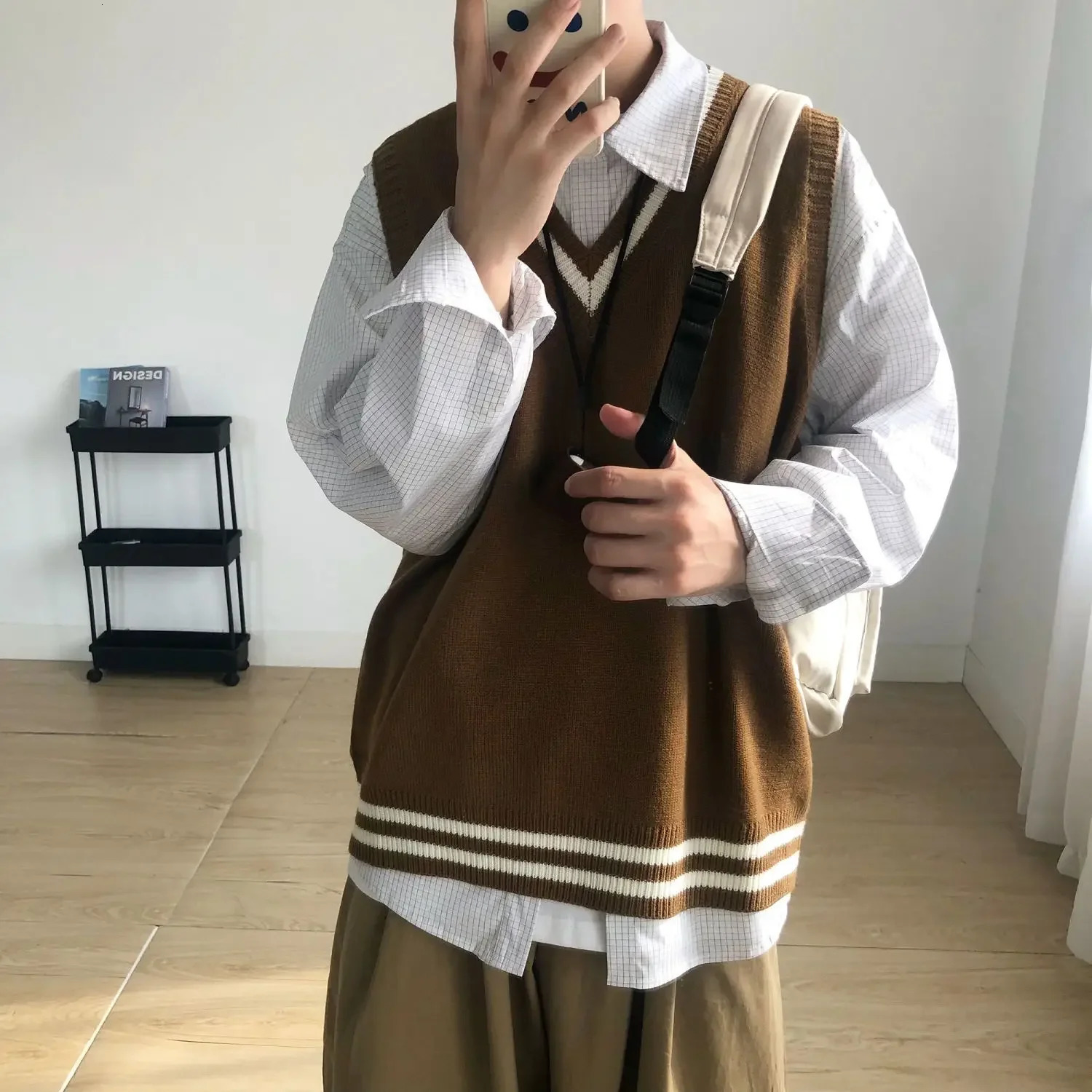 Sweater Vest Men Spring Vneck Japanese Vintage Striped College Knitted Fashion Loose Allmatch Sleeveless Simple Clothing B272 250225