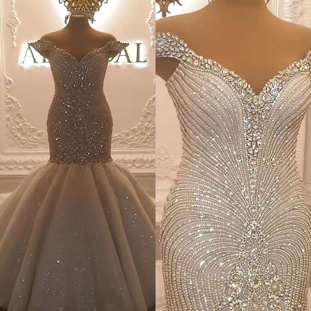 Add to Wish List O Mermaid Dresses, V-neck, Off Shoulder Design, Beads, Crystal Appliques, Custom Wedding Dress, Court Dress