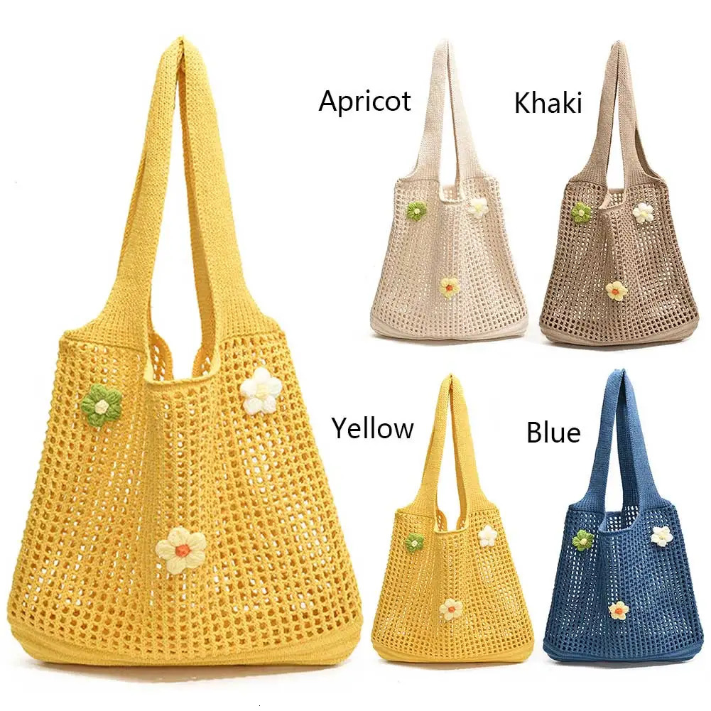 Ship from US Women Knitted Tote Bag Crochet Shoulder with Flower Decor Hollow Out Handbag Casual Beach Outdoor Travel 250227FBB
