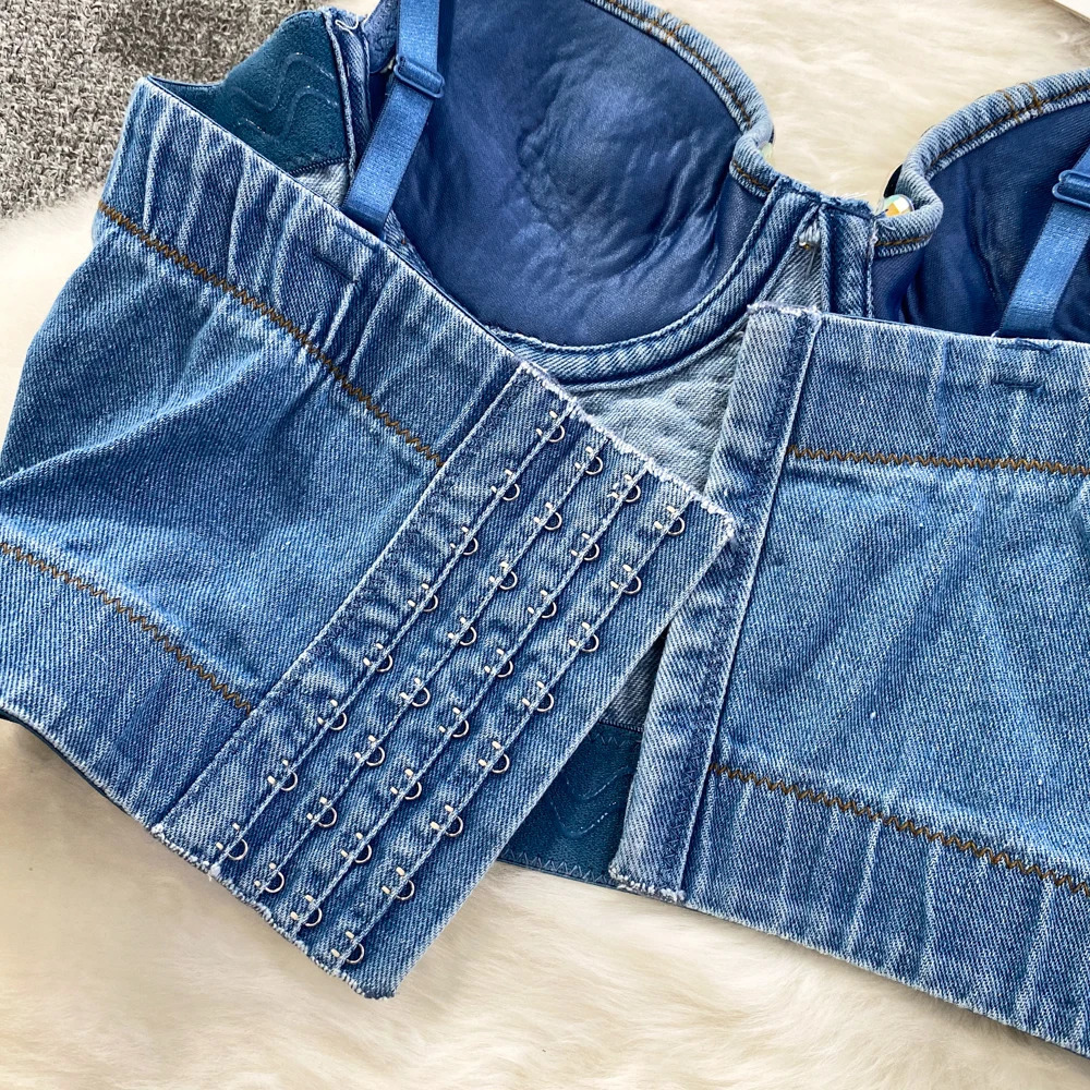 Womens Summer Denim Camisole Corset Top Build In Bra Crystal Diamonds Pearl y Jeans Tops High Street Club Party Nightwears 250226