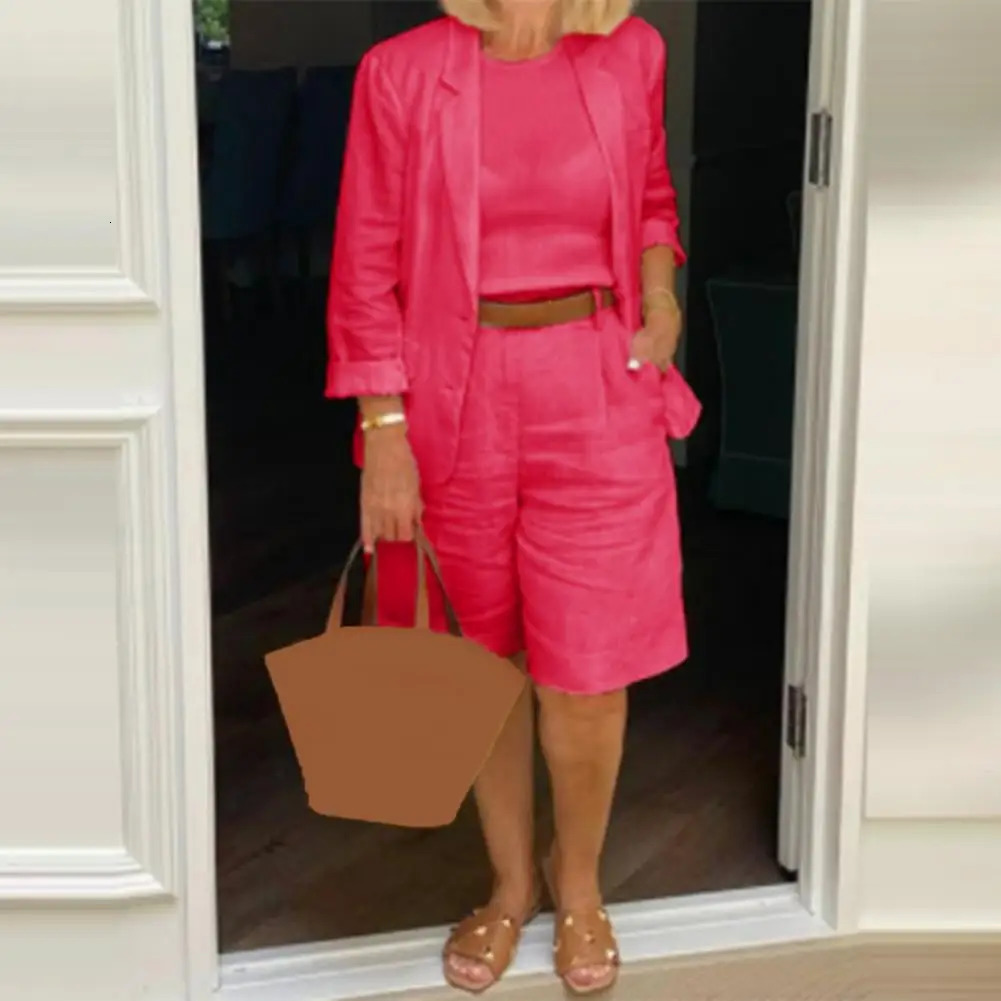 Cotton Linen Temperament Blazer Shorts Womens Blazer Suit 2 Piece Set Elastic Waist Thin Female Blazer Shorts Summer Outfit 250226