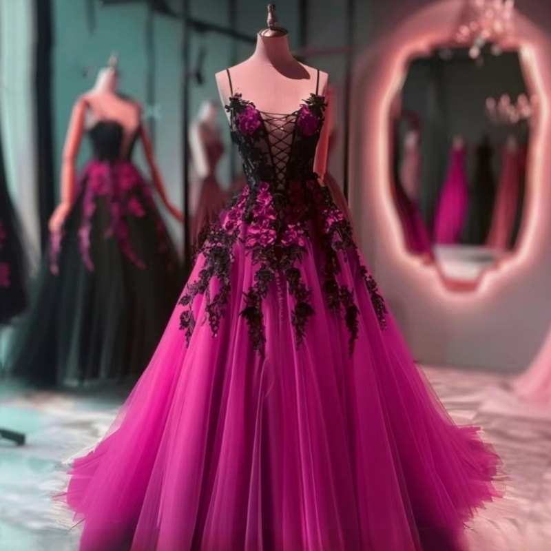 Vintage Red And Black A-Line Wedding Dresses Spaghetti A-Line Floor Length Tulle Gothic Bridal Gown Hand Made Flowers Lace Appliques Corset Vestido De