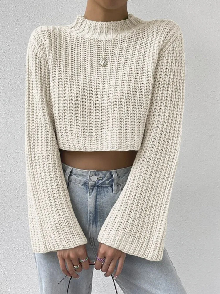 Korean Style Solid Cropped Sweater Women Vintage Oversize Knit Jumper Fmale Autumn Long Sleeve Oneck Pullovers Tops 250225