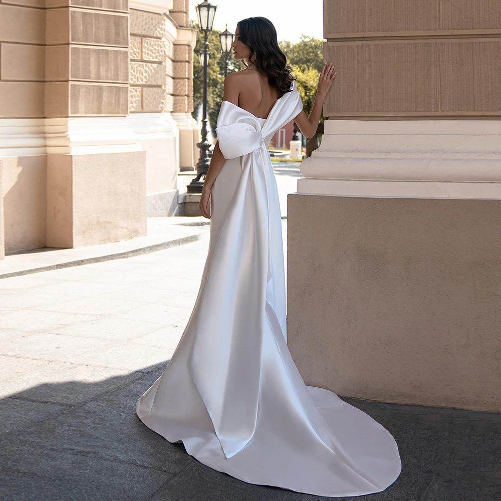 2025 New Arrival Satin Mermaid Wedding Dress Sexy Off the Shoulder Sleeveless Back Big Bow Sweep Train Bridal Gown Vestidos De Novia