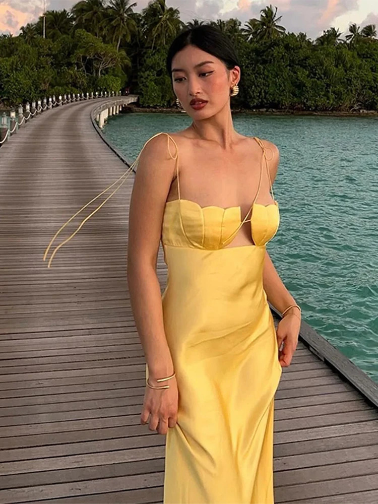 Summer Backless Yellow Satin Slip Dresses Women Elegant Off Shoulder Strapless Floral Chest Long Dress 2024 Lady Party Robes250222