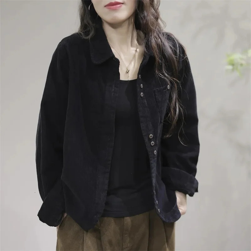 Women Lapel Collar Corduroy Shirt Coat Spring And Autumn Female Long Sleeved Cardigan Blouse Jacket Korean Ladies Blue Top 250227