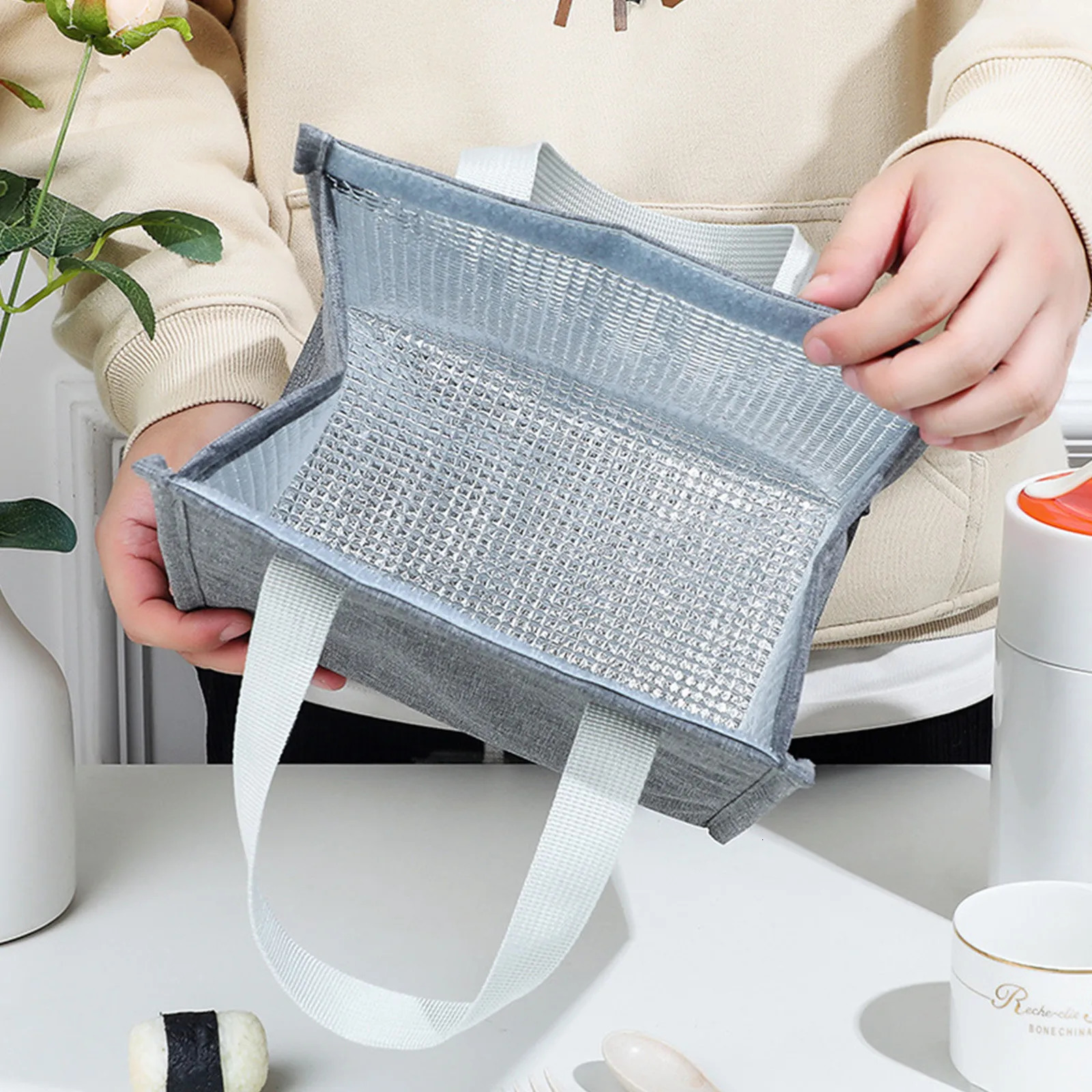 Ship from US Solid Color Basic Canvas Lunch Box BagLarge Capacity Portable Bento Bag Insulated Food Hand 250227FBB