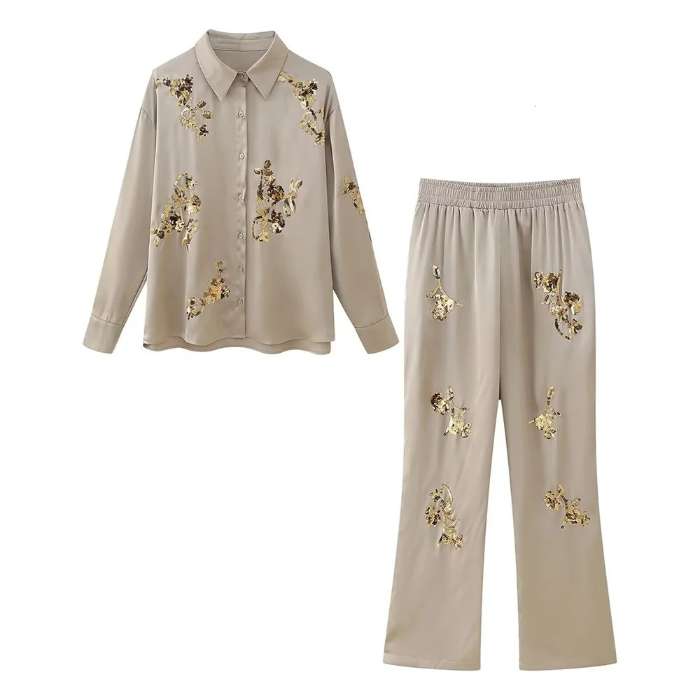 Zach Ailsa Summer Product Womens Satin Texture Sequins Heavy Industry ed Shirt High Waist Long Pants Set 250226