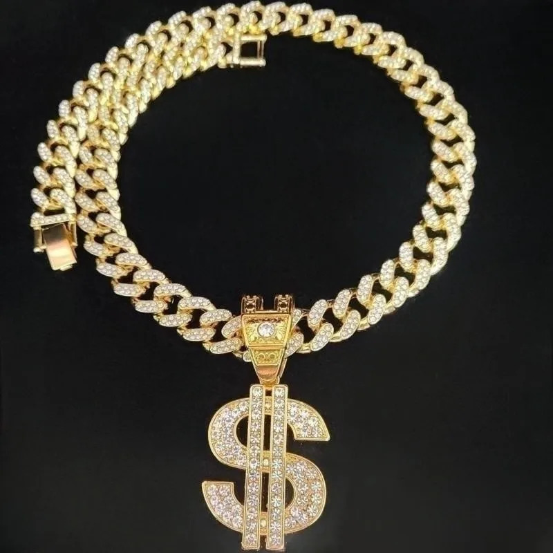 Men Women Hip Hop Dollar Pendant Necklace with 13mm Cuban Chain Hiphop Iced out pendants Necklaces Fashion Punk Jewelry Gifts 250227