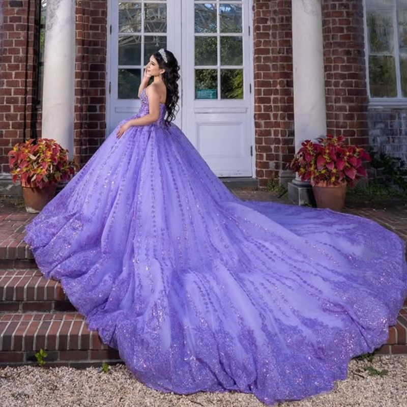 Lavender Shiny Quinceanera Dresses Ball Gown Off Shoulder Sequin Applique Lace Beads Tull Corset Sweet 16 Dress Vestidos 15 De Anos