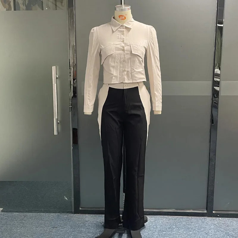 Wefads womens twopiece summer fashion office solid shirt button lapel patch work long sleeved top pocket streetwear 250226