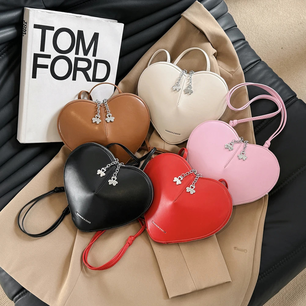 Ship from US Womens Stylish Crossbody Bag Solid Color PU Trendy Sling Purse Dual Zippers HeartShaped Shoulder for Valentines Day Gift 250227FBB