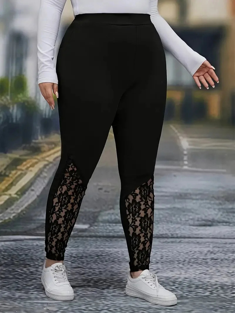 GIBSIE Plus Size Womens Fashion Contrast Lace Black Leggings Spring Fall High Waist Elastic Casual Skinny Leggings Female 250226