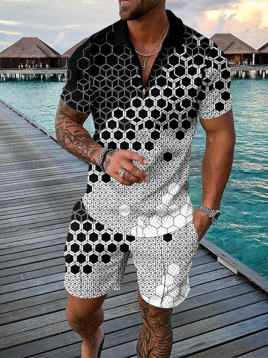 Abstract 3D Print Polo Shirts Shorts Sets Mens Fashion Tracksuits Oversized Short Sleeve Shirt Pants Set Man Suits Clothing 250224