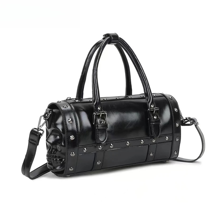 Studded Double Black Skull Satchel Handbag Womens Shoulder Bags Personality Rivet Single Strap Travel Bag Gothic Style