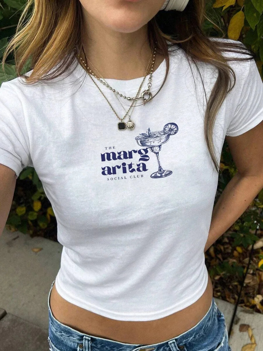 Marg Arita Y2K Summer Cocktail Martini Short Straight Shoulder Slim Harajuku Personality Short Fashion Simple T-Shirt 250227