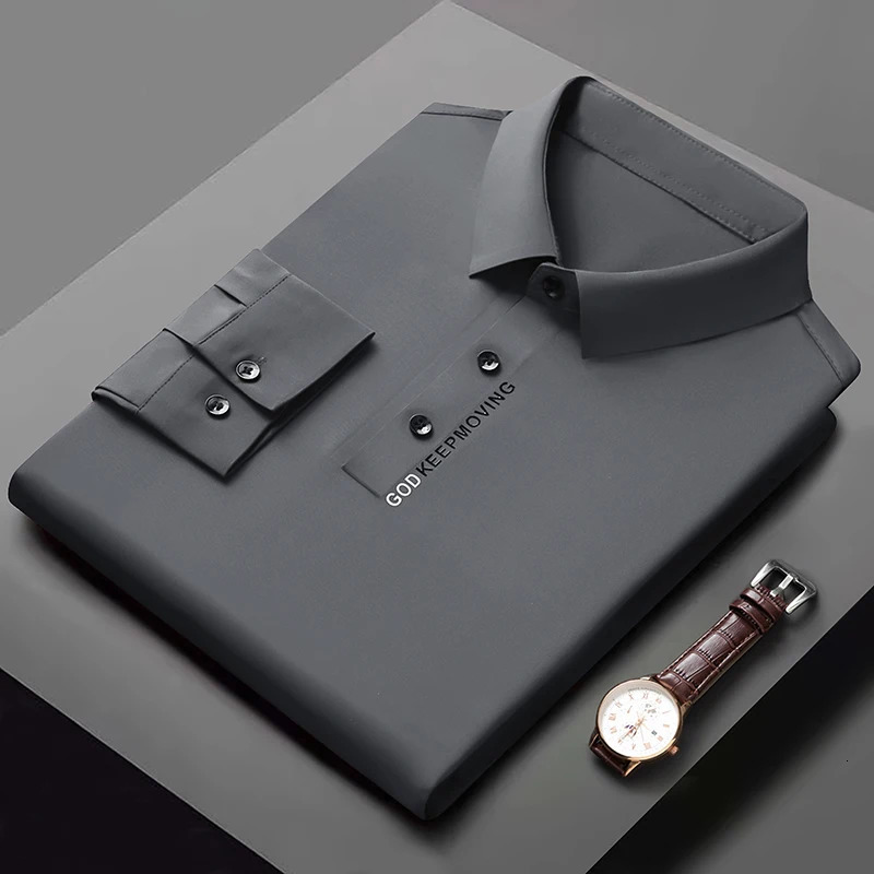 High Quality Mens Long Sleeved POLO Shirt Autumn Solid Color Printing Seamless Ice Silk Lapel Fashionable Mens Clothing 250225