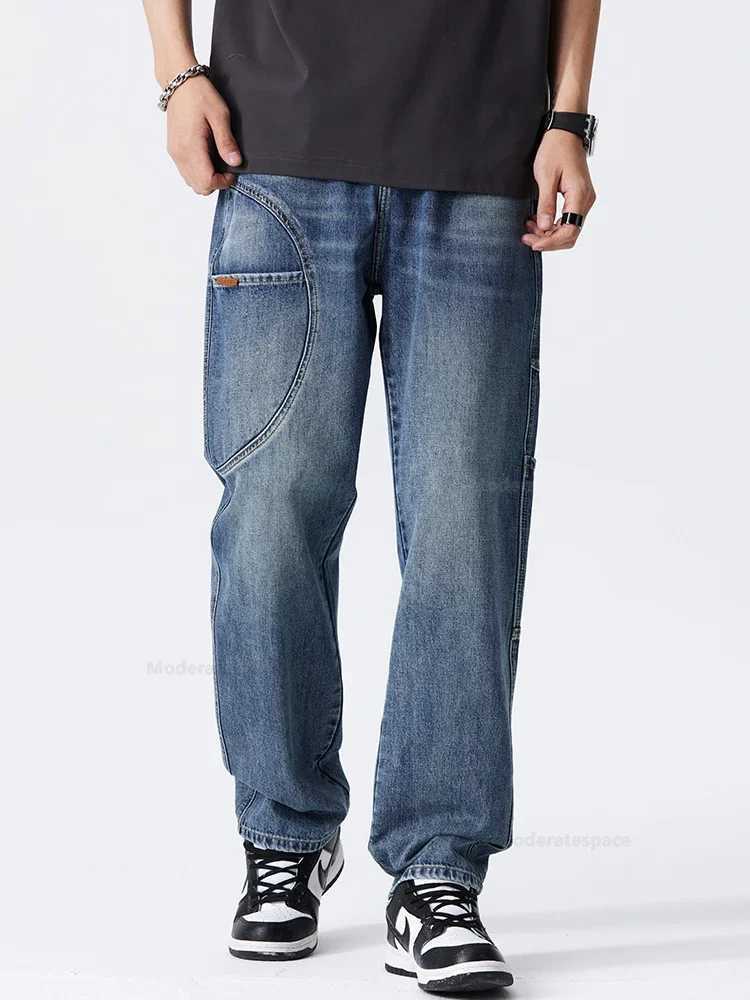 Retro patchwork jeans Korean mens clothing stretchy straight legs casual denim loose and fashionable pants mens X250227