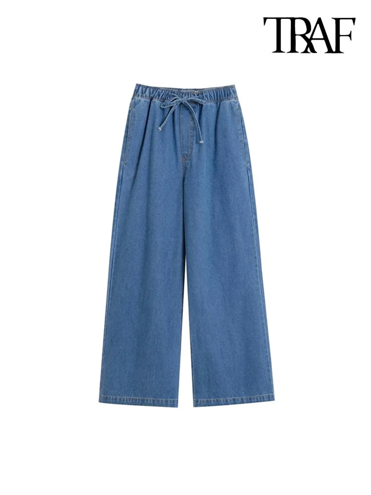TRAF Women Fahion With Pockets Denim Loose Shirts And High Elastic Waist Drawstrings Wide Leg Pants Female Two Piece Sets 250226