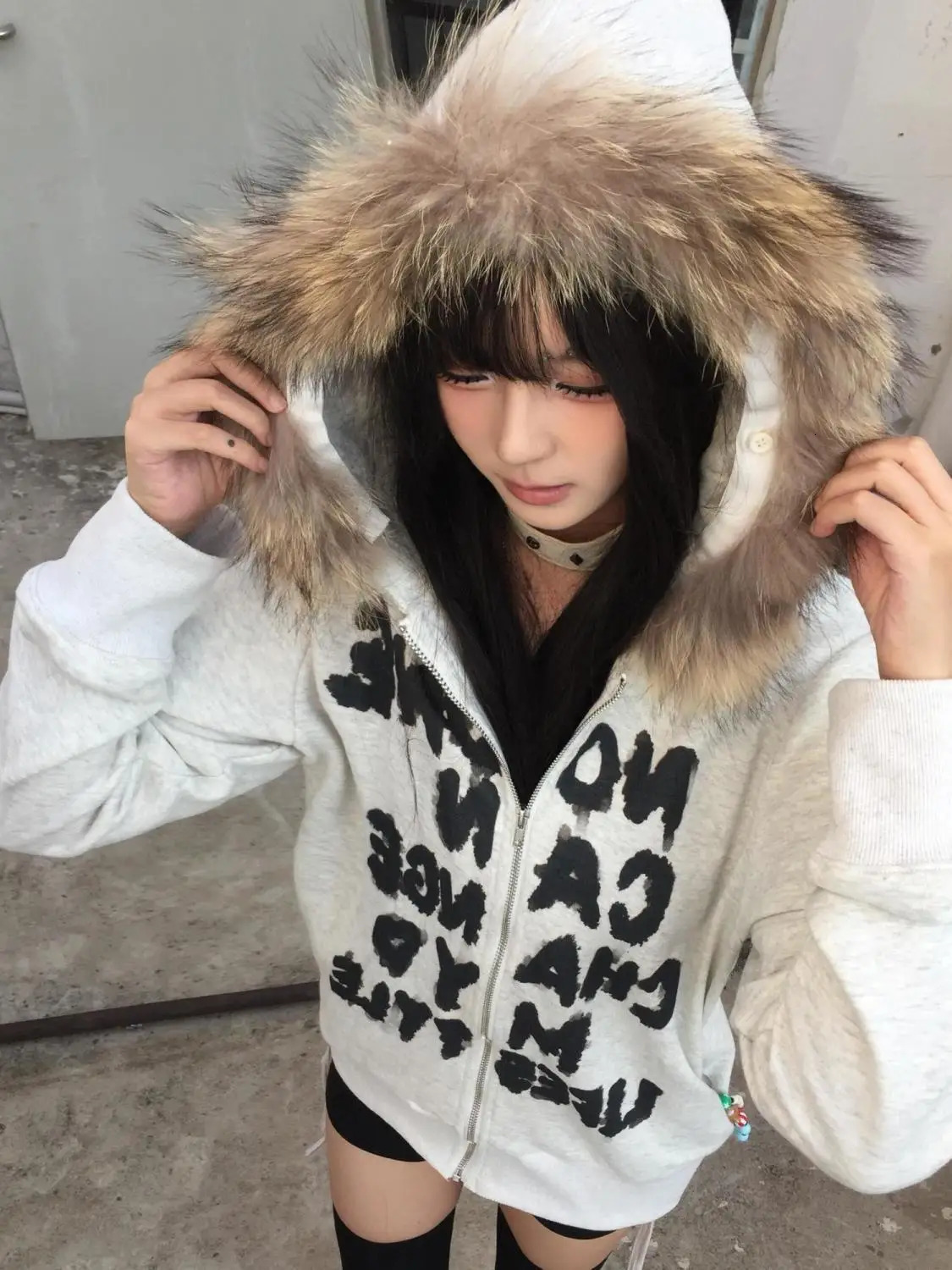 Y2k INS Retro Fur Collar American Zipper Hooded Sweater Women Autumn and Winter Korean Version Of Thick Silver Fox Velvet Coat 250226