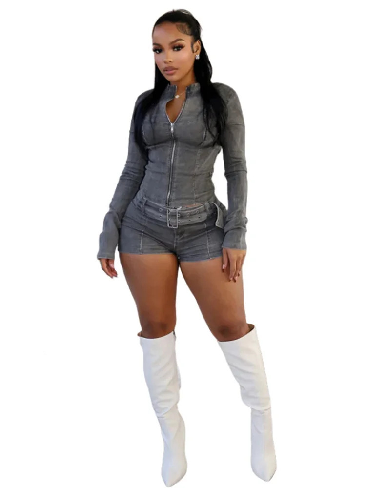 Weird Puss Distressed Denim 2 Piece Set Women Zipper Cardigan Full Sleeve JacketSashes Patchwork Shorts Street Trend Chic Suits 250226