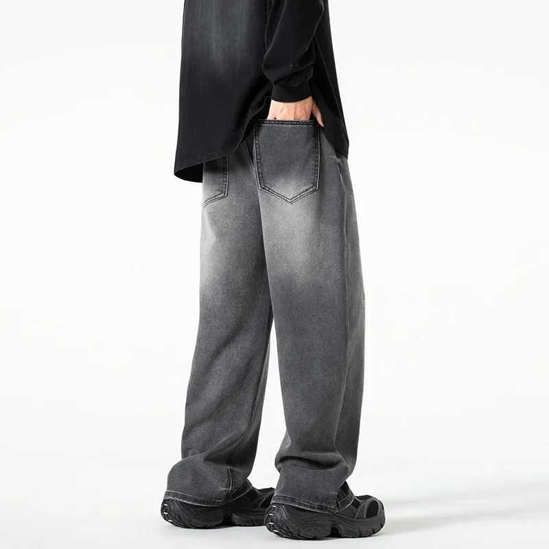 New Washed Jeans Street Trousers Male Denim Pants Solid Color Wide Leg Pant Button Casual Streetwear Hip Hop Heavy Metal Style X250227