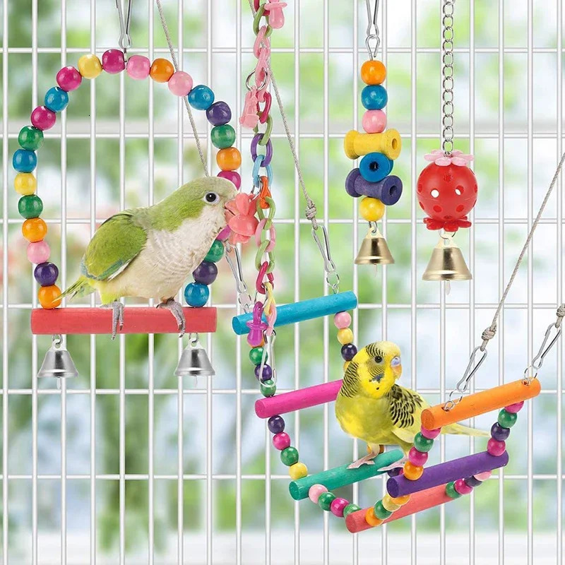 Bird Cage Toys for Parrots Wood Birds Swing Reliable Chewable Bite Bridge Wooden Beads Shape Parrot Toy 11pcs Bird Toys parrot 250226