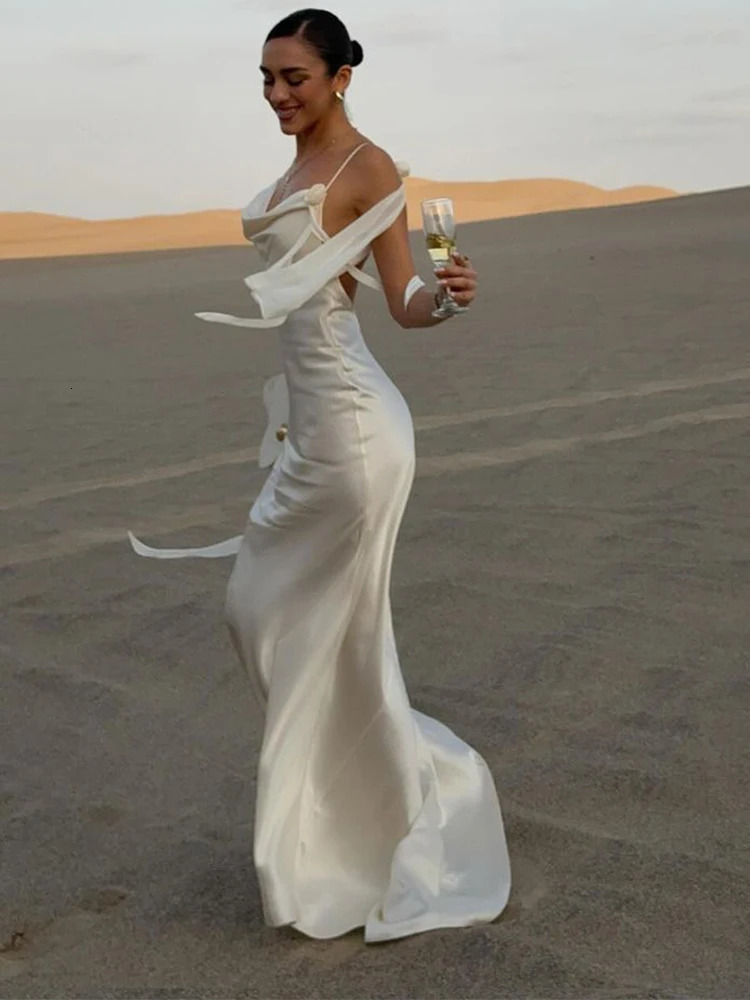 Sexy White Ribbon Silk Satin Sling Dress For Women Elegant Swing Collar Backless Long Dresses Women Beach Vacation Robe 250225