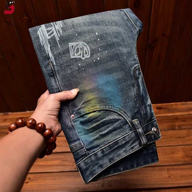 Trendy High-End Mens Jeans With American Style Slim Fit Printed Pattern Casual Fall Winter Trousers Small Size Stretchable X250227