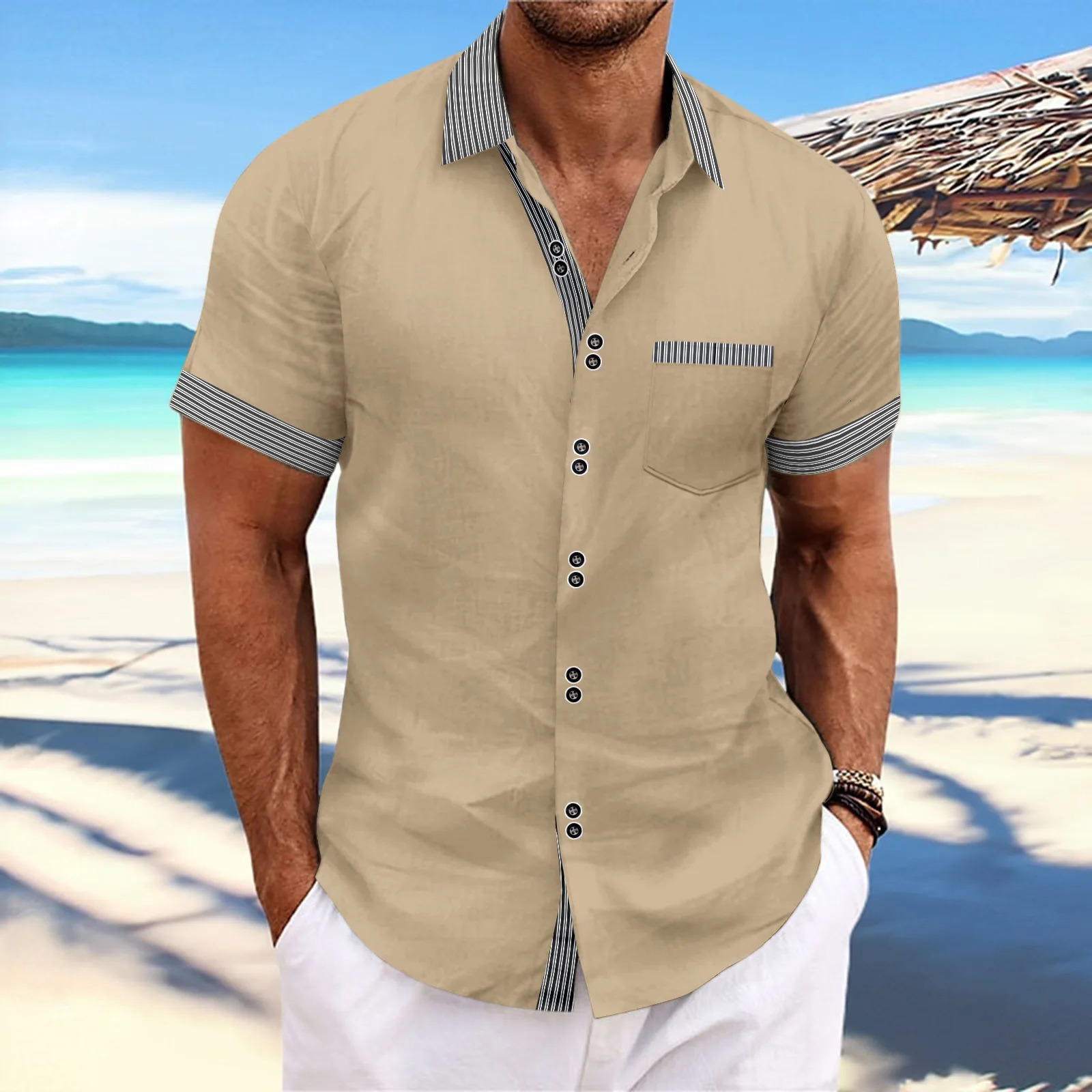 2025 Cross-border Summer Fashion Mens Striped Double-button Short-sleeved Business Slim Casual Shirt Short-sleeved Shirt 250224