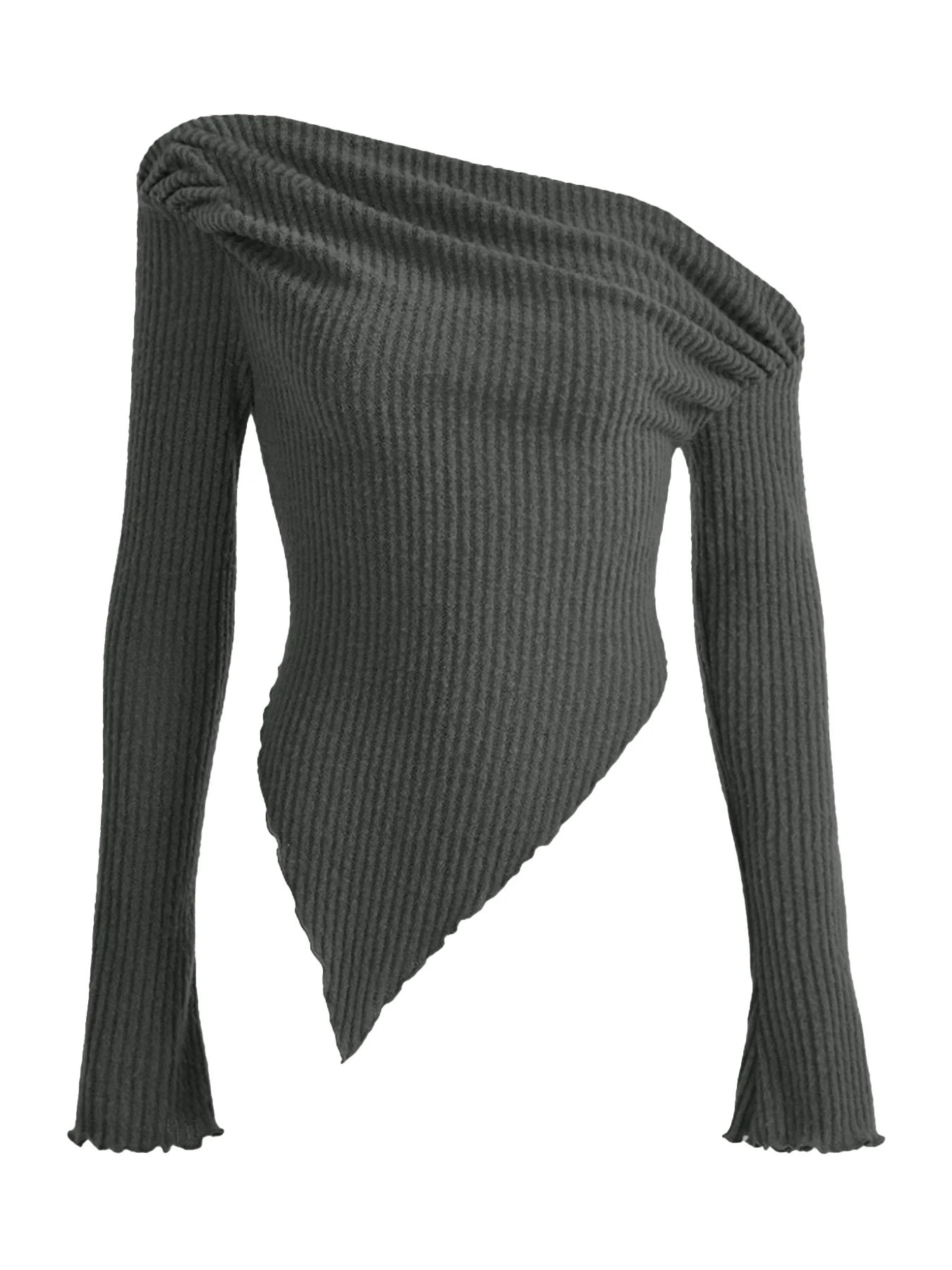 Womens spring sexy cut top with ultrathin solid shoulder Tshirt long sleeved street perforated asymmetrical womens 250226