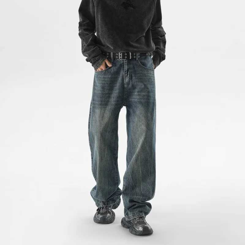 Autumn Mens Vintage Nostalgia Wide Legs Jeans High Street Casual Washed Distressed Baggy Straight Trousers Black Blue Male X250227