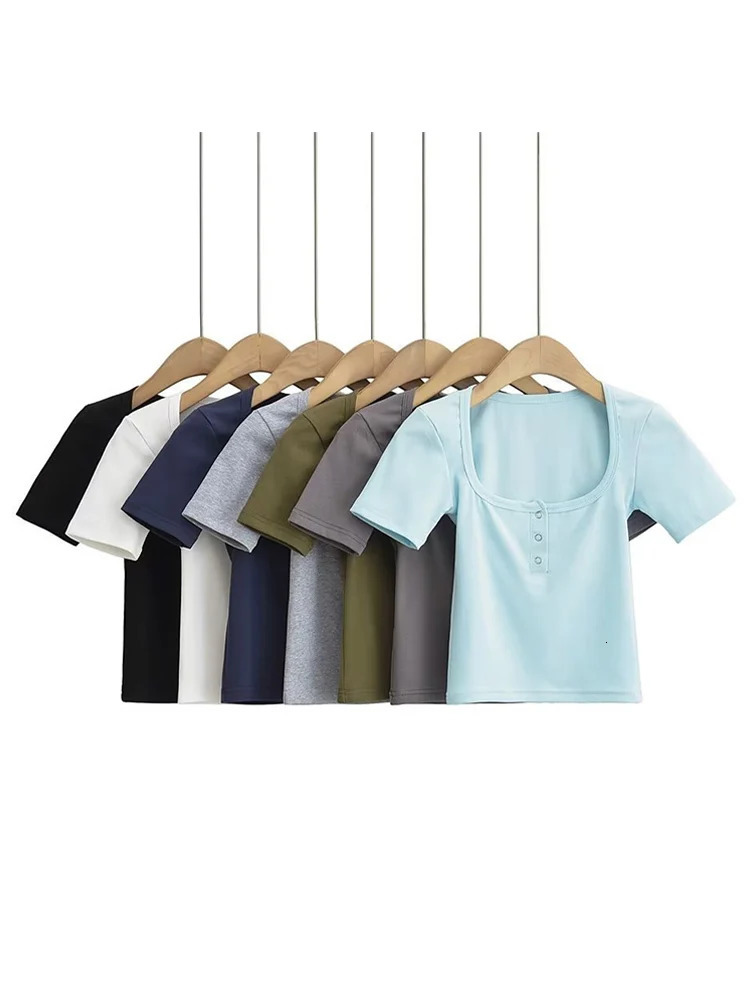 Womens button front short sleeved crop Tshirt 250226