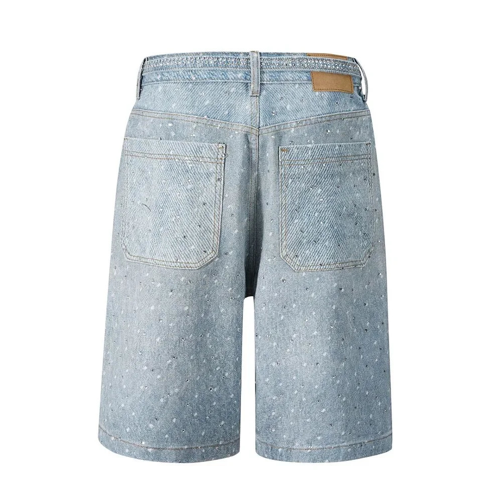 Tung Sung Full Diamond Printing Diamond Belt Wash Casual Loose Straight Jeans Hip Hop Y2k Men Jorts 250226