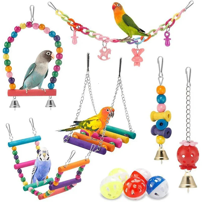 Bird Cage Toys for Parrots Wood Birds Swing Reliable Chewable Bite Bridge Wooden Beads Shape Parrot Toy 11pcs Bird Toys parrot 250226