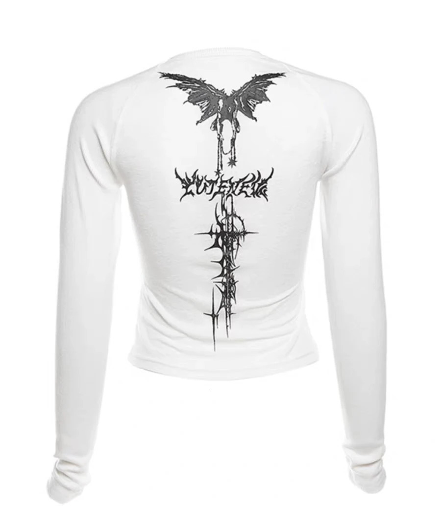 Vintage Flared Long Sleeve Corset Crop Tops Womens Aesthetic Grunge Printed Tees Gothic Round neck Tshirts Y2K Street 250226