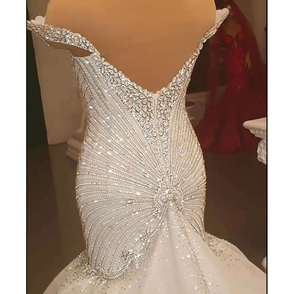 Add to Wish List O Mermaid Dresses, V-neck, Off Shoulder Design, Beads, Crystal Appliques, Custom Wedding Dress, Court Dress