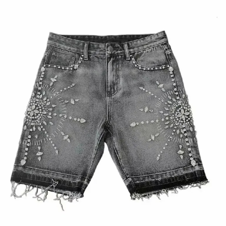 Streetwear Shorts Y2K Jeans Men Hip Hop Gothic Rhinestone Sequin Retro Black Baggy Denim Fitness Shorts High Waist Casual Shorts 250226