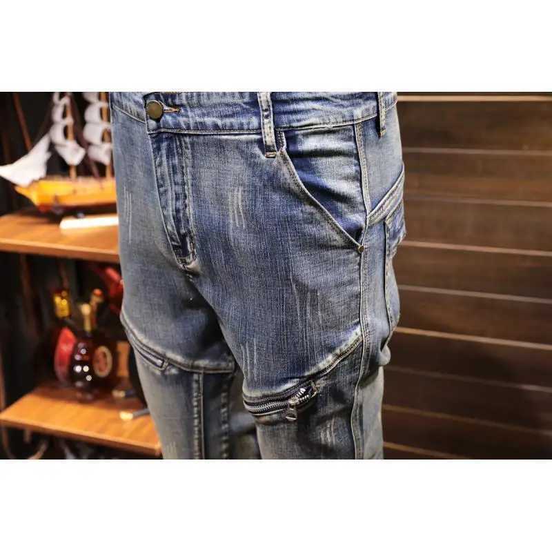 Retro Stitching Stretch Denim Jeans 2022 Autumn Winter Mens Motorcycle Slim Casual Designer Long trousers Fashion Cargo Pants X250227