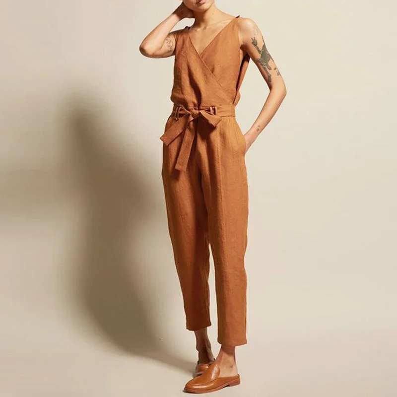 Cotton linen sleeveless womens jumpsuit summer solid Vneck brushed lace up waist straight leg plus size 250227