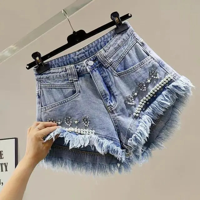 Pink Bead Diamond Irregular Burr Edge Wide Leg A-Word Denim Shorts Pants Womens Korean High Waist Jean Shorts Mujer 250226