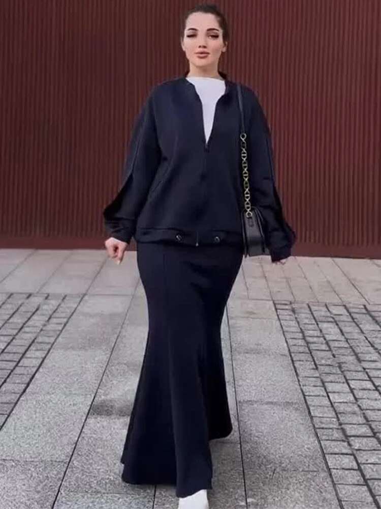 Vintage Women's Two Pieces Set Casual Long Sleeve Zipper Loose Jacket Hip Package Fish Tail Skirt 2025 Spring Retro Ladies Suit