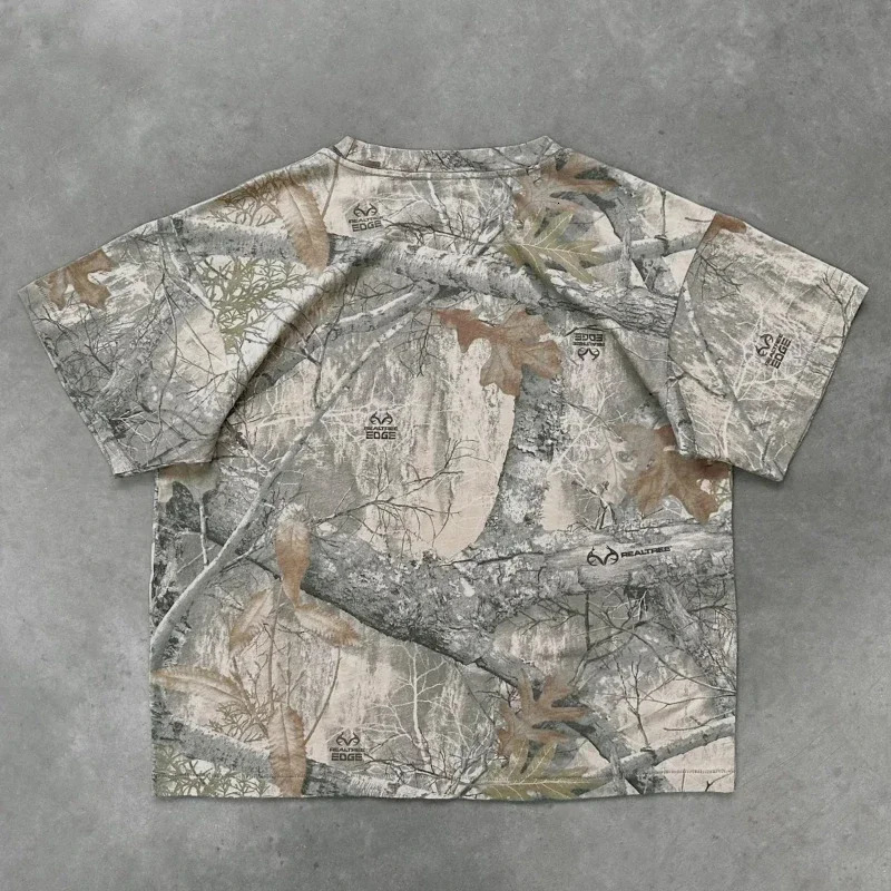 American Retro Graphic T Shirts Leaf Pattern Top Streetwear Harajuku Y2K T-shirt Couple Camouflage T-shirt Clothes Tops Tees 250226