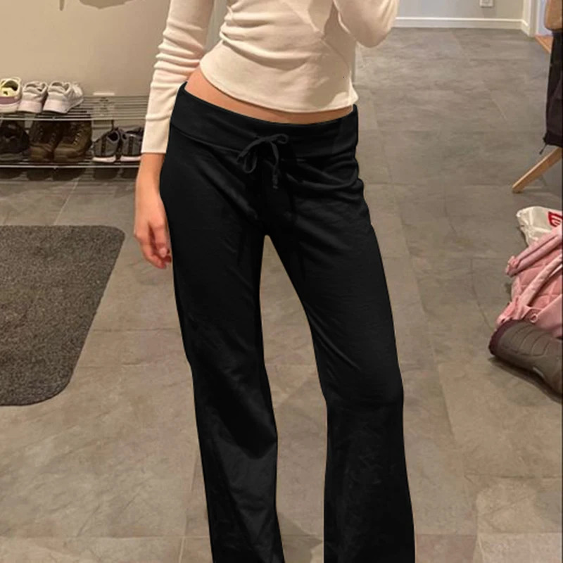 Cuteandpsycho Casual Solid Basic Pants Y2K Chic Floor Length Bottoms Vintage Aesthetic Mid Waist Drawstring Straight Trousers 250226