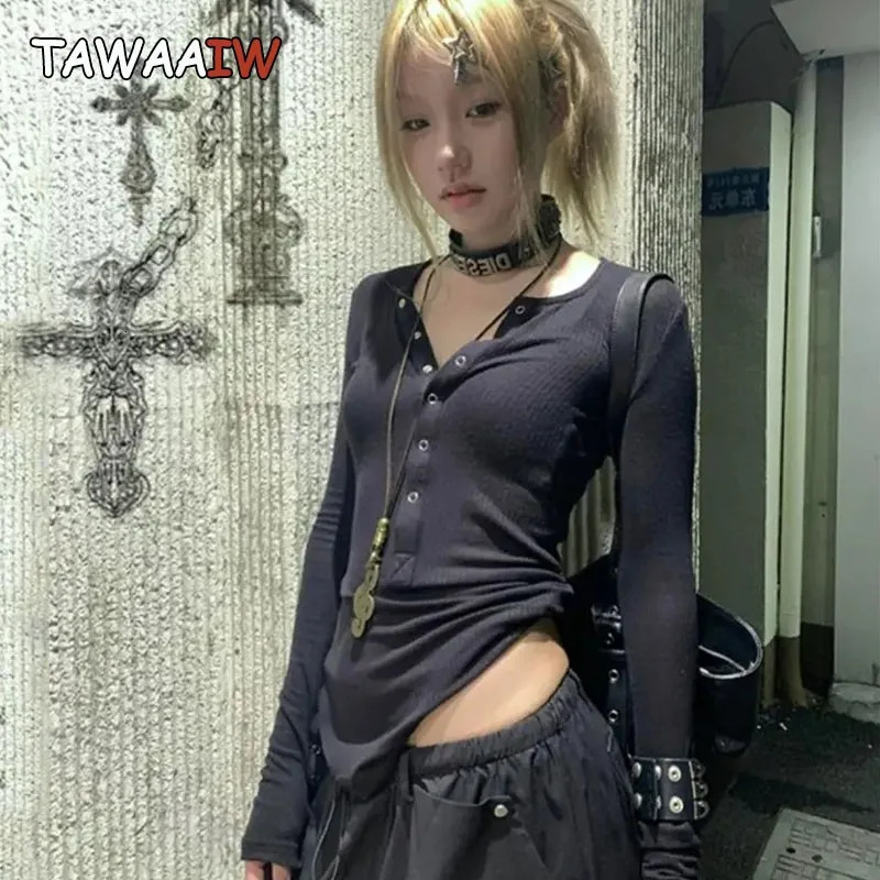 General Black T Shirt Women Clothes Long Sleeve Korean Fashion Slim Autumn Spring Tops 2000s Y2k Tees Female Clothing 250226